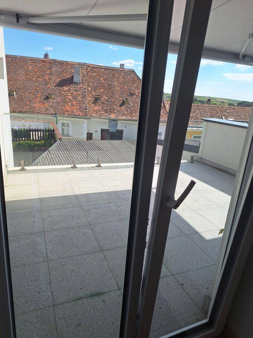 Weitläufige Terrasse mit Blick über die Dächer der Nachbarschaft und die umliegende Landschaft.