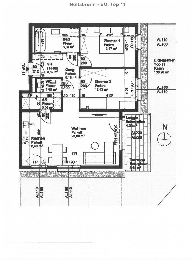 Grundriss einer Erdgeschosswohnung mit Loggia, Terrasse und großem Eigen-Garten.