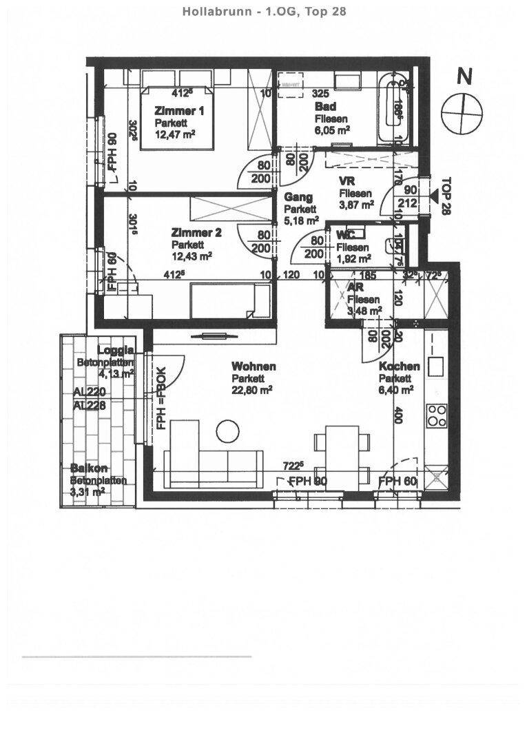 Grundriss einer Obergeschosswohnung mit Balkon, Loggia und zwei Schlafzimmern.