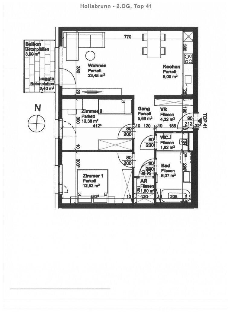 Detaillierter Grundriss der Wohnung Top 41 mit Wohnzimmer, Küche, zwei Schlafzimmern, Bad, WC, Vorraum, Gang, Abstellraum, Loggia und Balkon.
