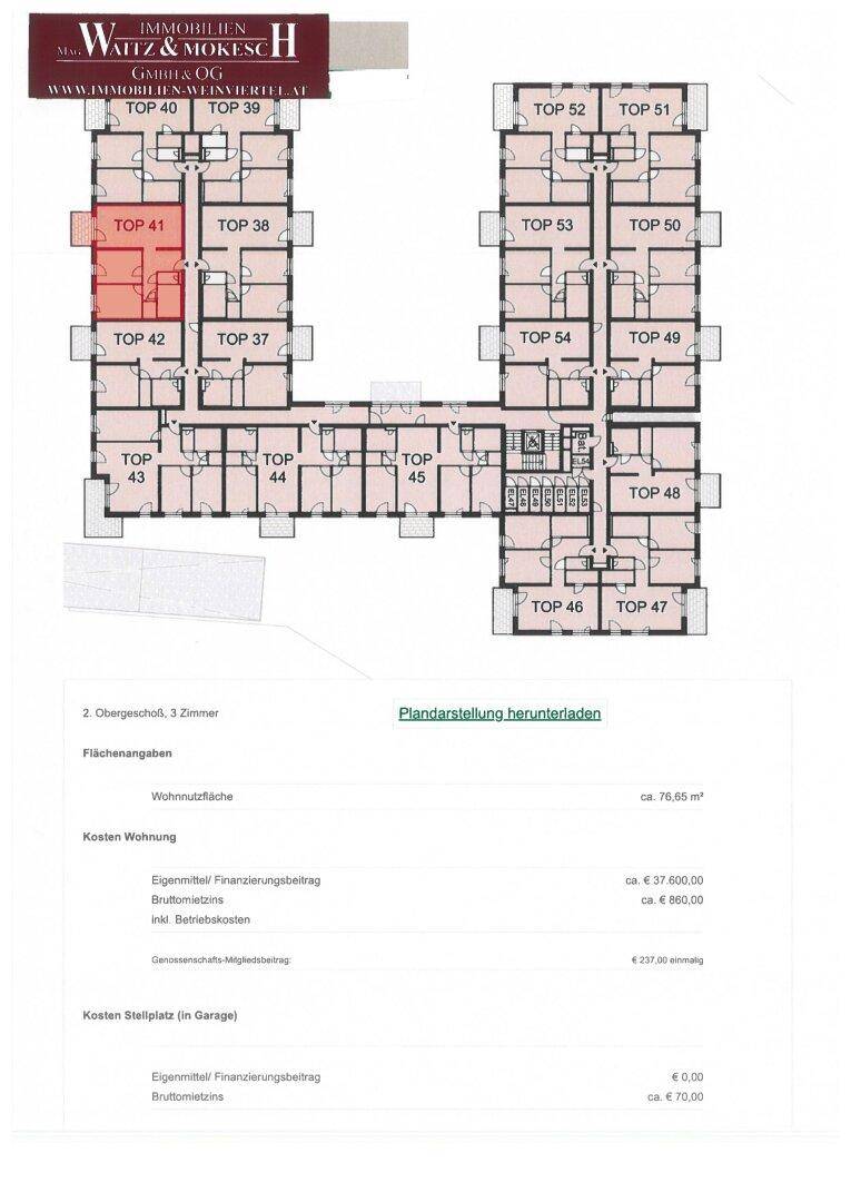 Übersichtsplan des zweiten Obergeschosses mit mehreren Wohneinheiten und hervorgehobener Wohnung Top 41.