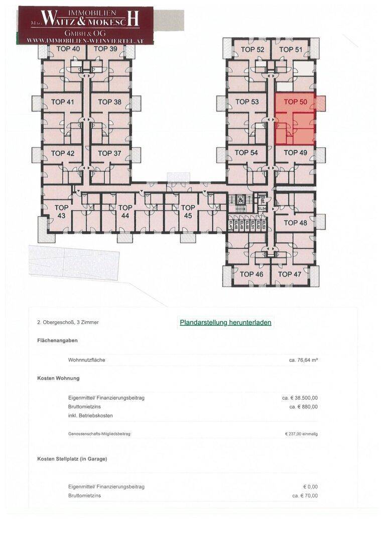 Übersichtsplan des zweiten Obergeschosses mit mehreren Wohneinheiten und hervorgehobener Wohnung Top 50.