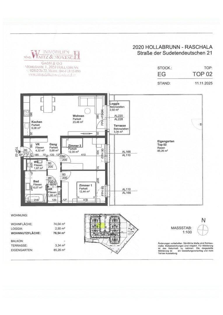 Grundriss einer Erdgeschosswohnung mit Loggia, Terrasse und eigenem Gartenbereich.