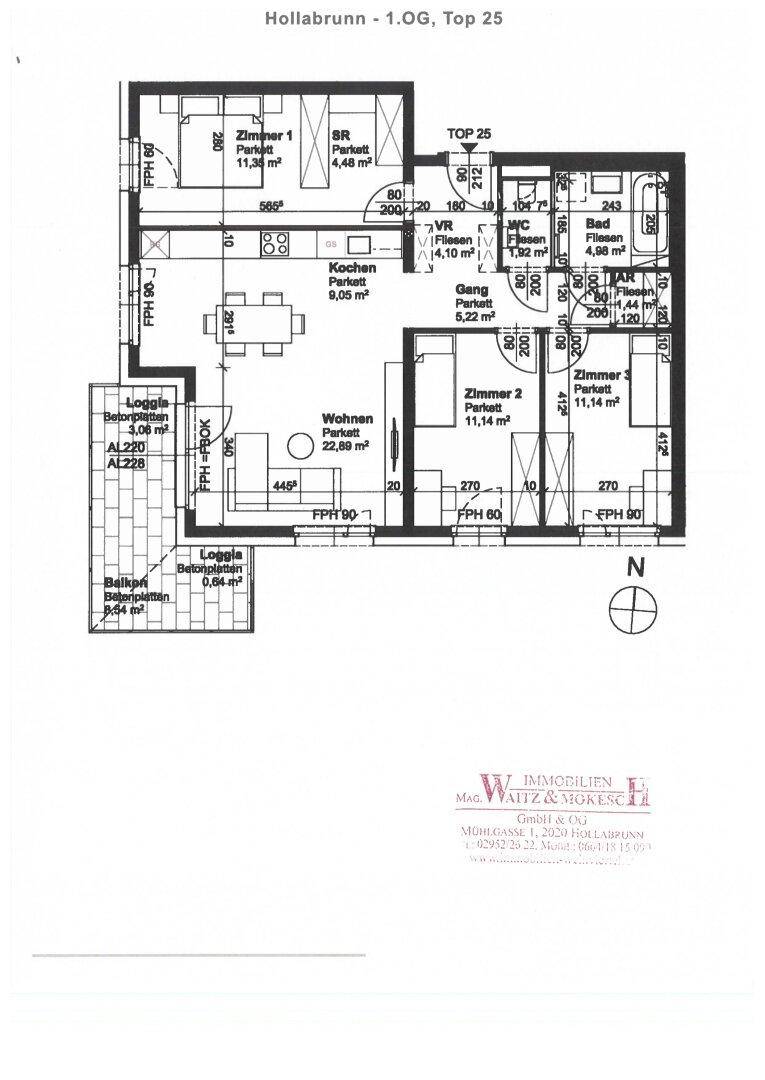 Grundriss einer Obergeschosswohnung mit Balkon, Loggia und drei Schlafzimmern.