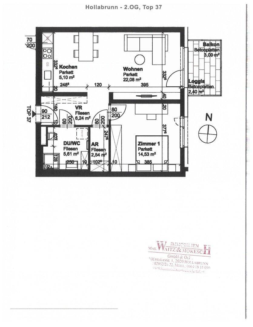 Grundriss einer Obergeschosswohnung mit Balkon, Loggia und einem Schlafzimmer.