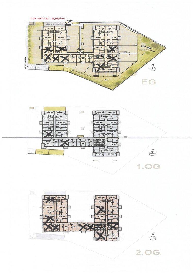 Interaktiver Lageplan mit Grundrissen für Erdgeschoss, 1. und 2. Obergeschoss eines Gebäudes.