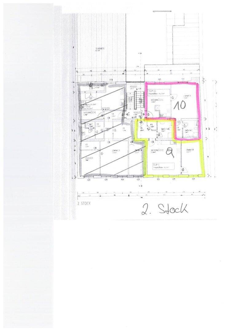Grundrissplan des zweiten Stocks mit zwei Wohneinheiten und funktionaler Raumaufteilung.
