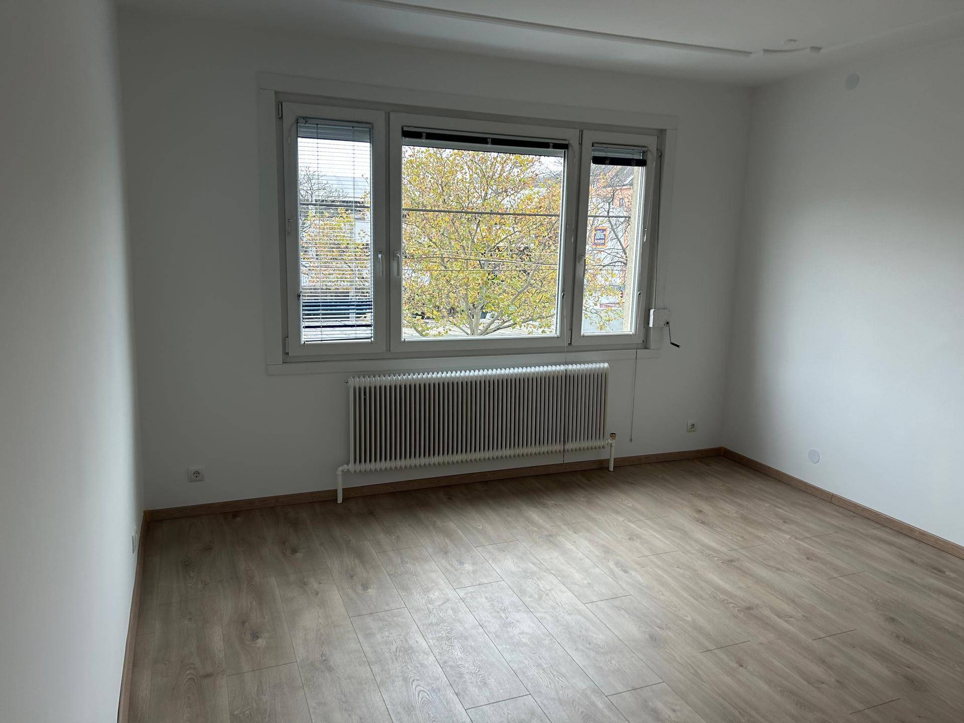 Helles Zimmer mit Laminatboden, breiten Fenstern und Blick ins Grüne.