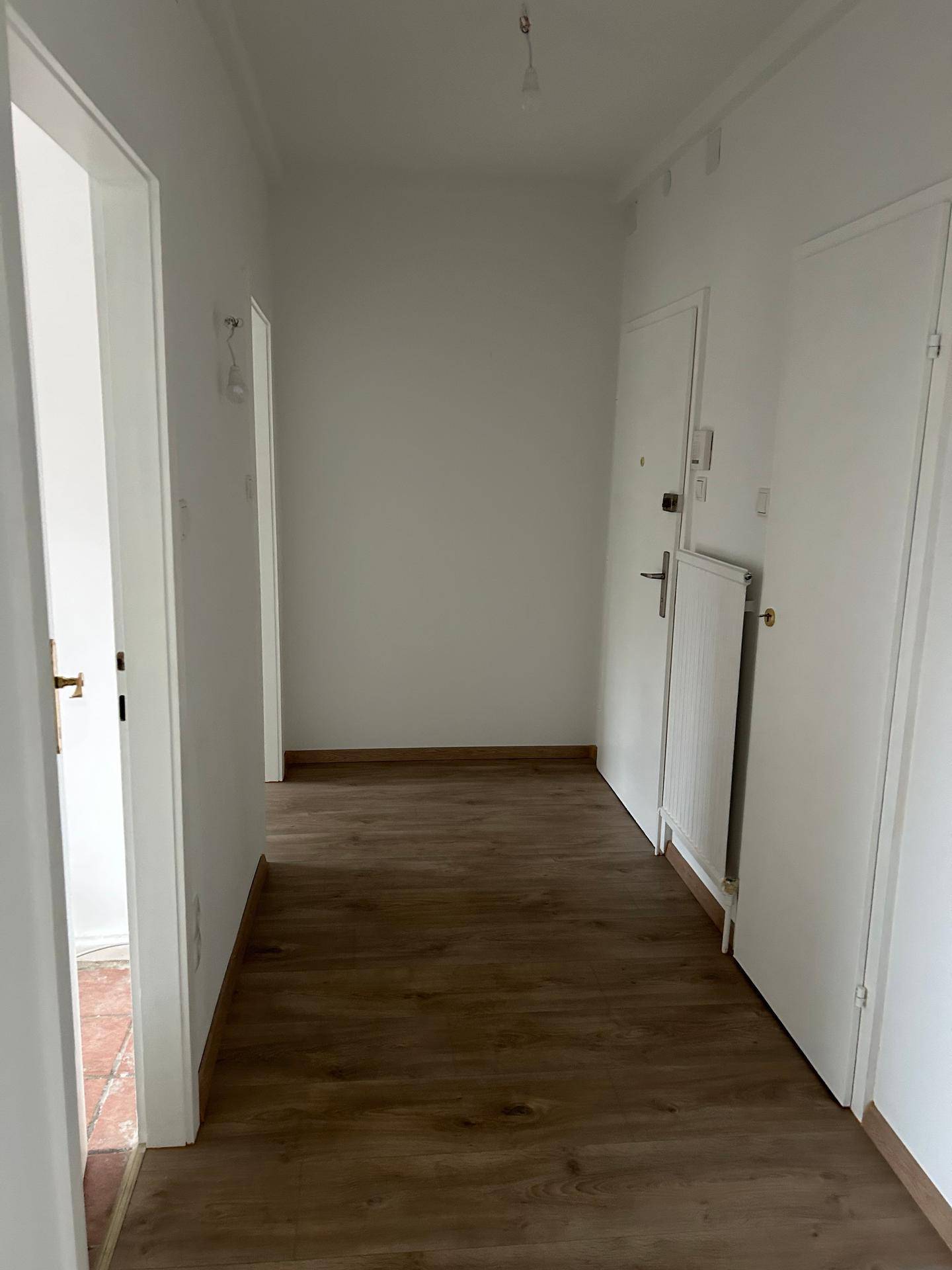 Heller Flur mit Laminatboden und Zugang zu mehreren Zimmern.