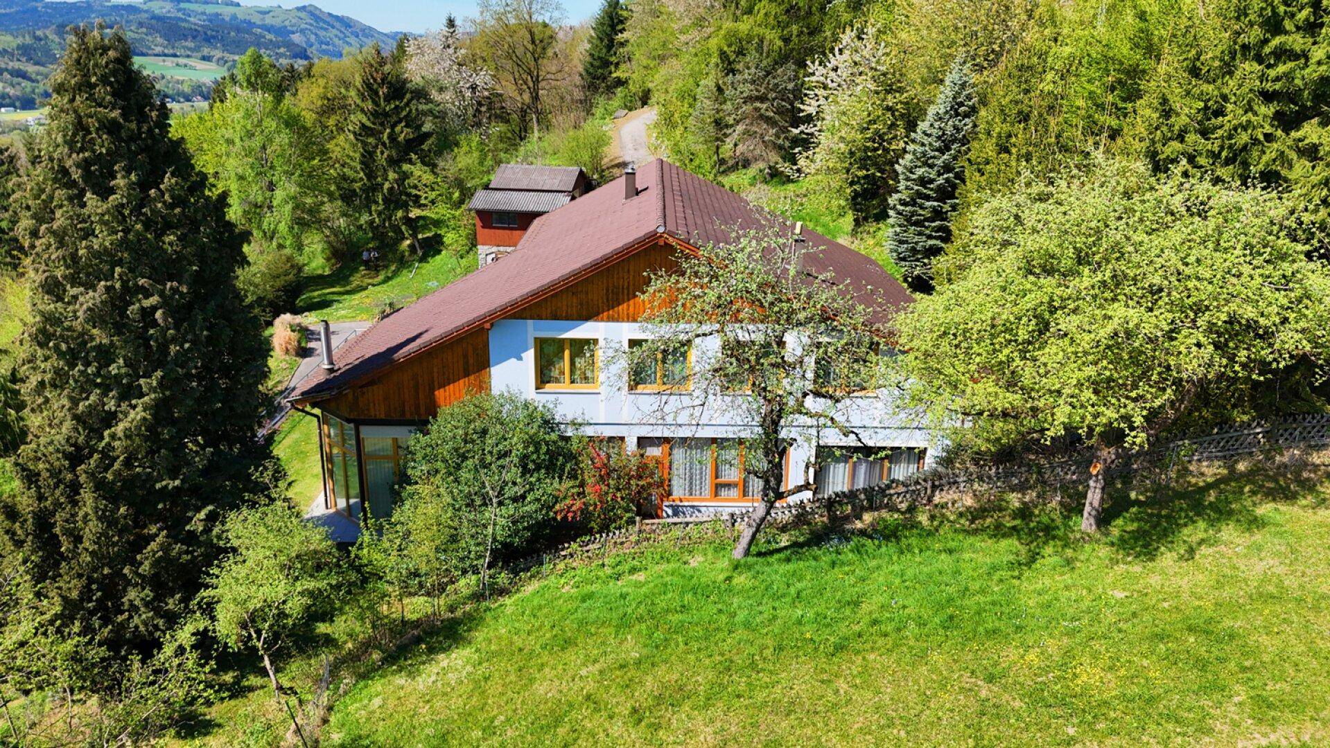 Seitenansicht des Hauses mit blauer Fassade, braunem Dach und umgebender grüner Wiese.