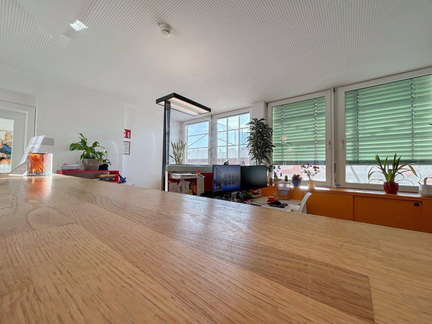 Nahaufnahme einer Holztheke in einem hellen Empfangsbereich mit Blick auf die Fenster.