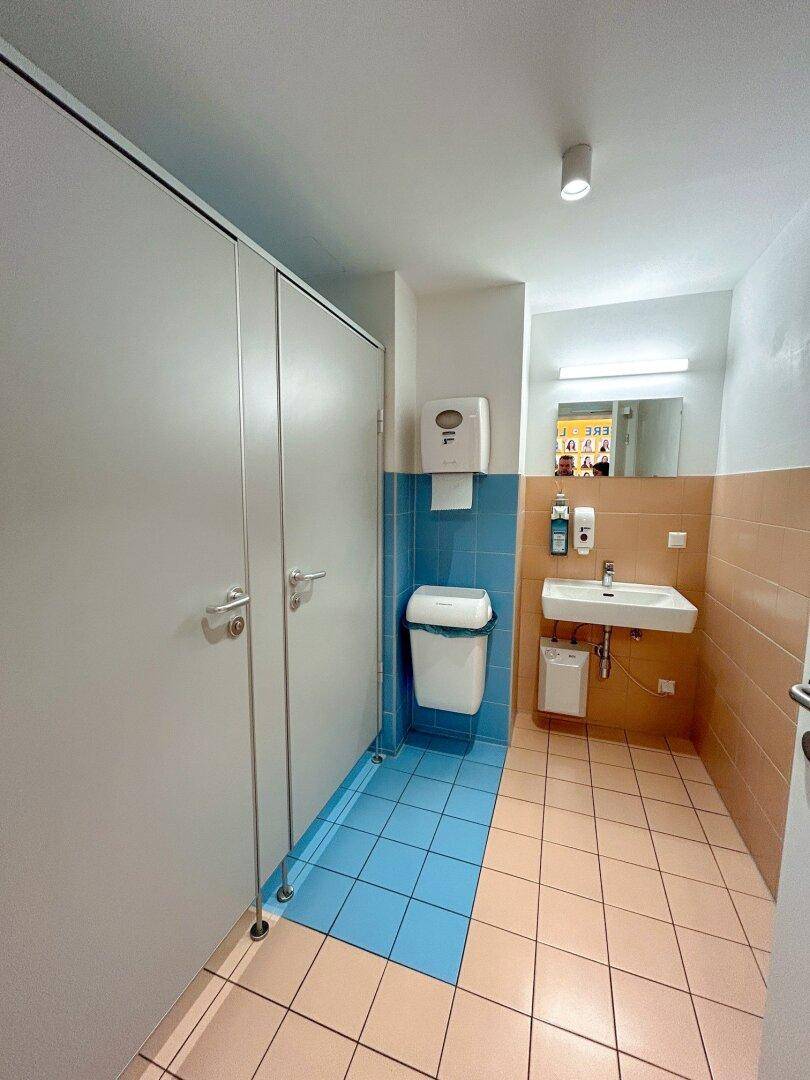 Toilettenraum mit Waschbecken, Spiegel und farbigen Fliesen in Blau und Beige.
