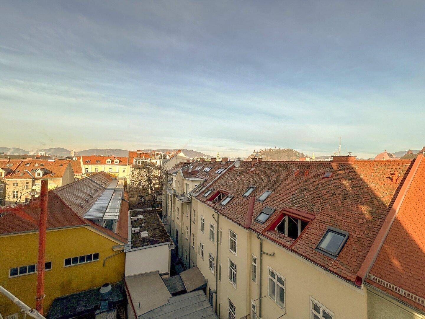 Weitläufiger Blick über die Dächer der Stadt mit vielen Ziegeln und Dachfenstern.