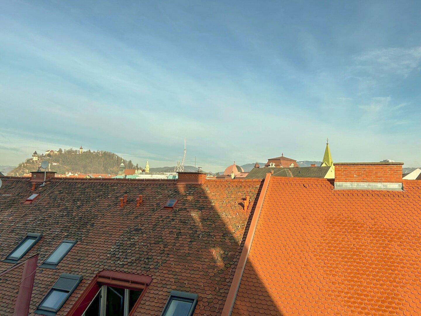 Panoramablick über die Dächer der Stadt mit historischen Gebäuden und einem Hügel im Hintergrund.