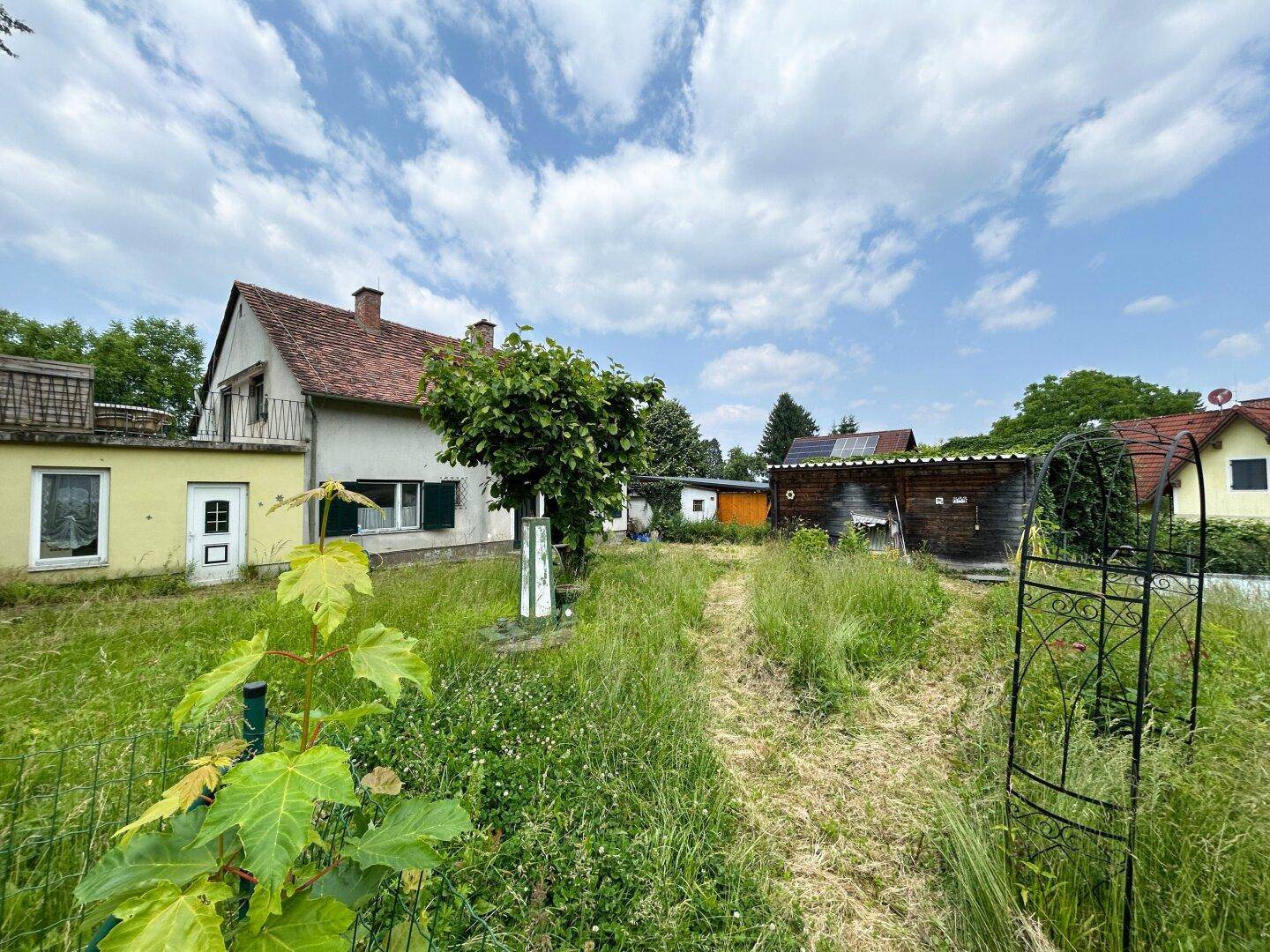 Das Haus von hinten gesehen, umgeben von einem großen, unordentlichen Garten mit viel Potenzial.
