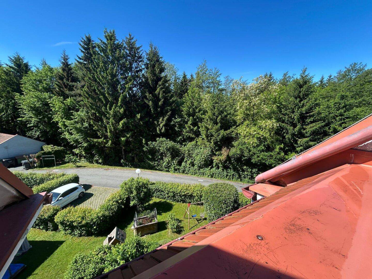 Weitläufiger Blick über grüne Bäume, Gärten und die Umgebung an einem sonnigen Tag.