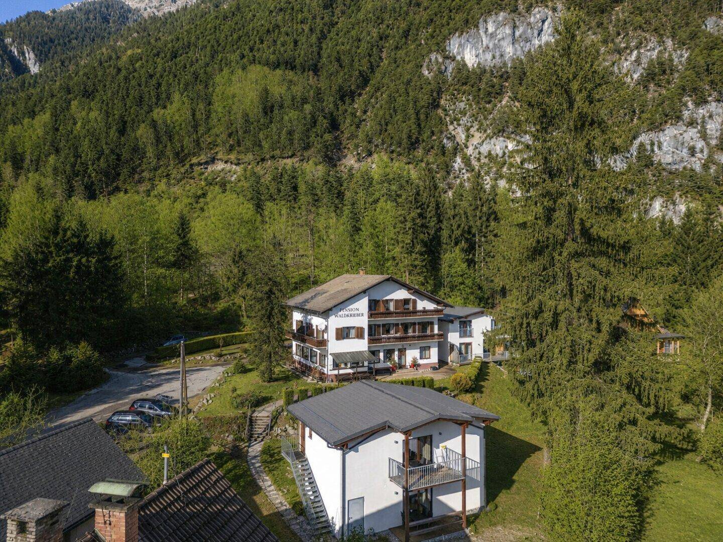 Luftaufnahme der Pension Waldkrieber, umgeben von Wald und Bergen.