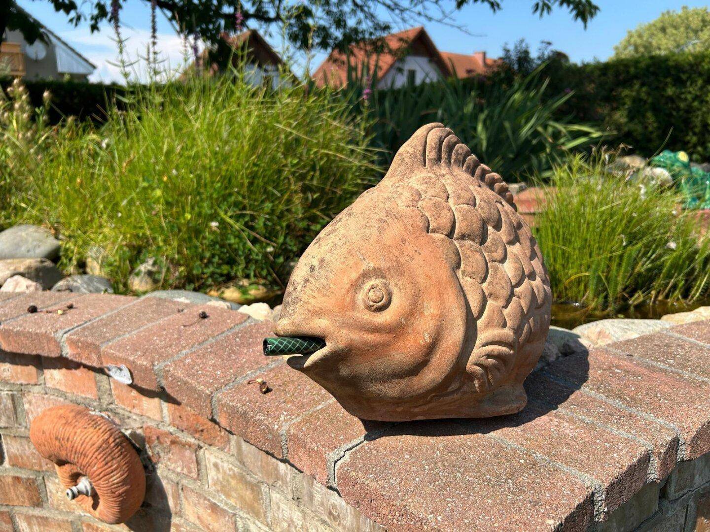 Dekorative Fischfigur aus Terrakotta als Wasserspeier im Gartenbereich.