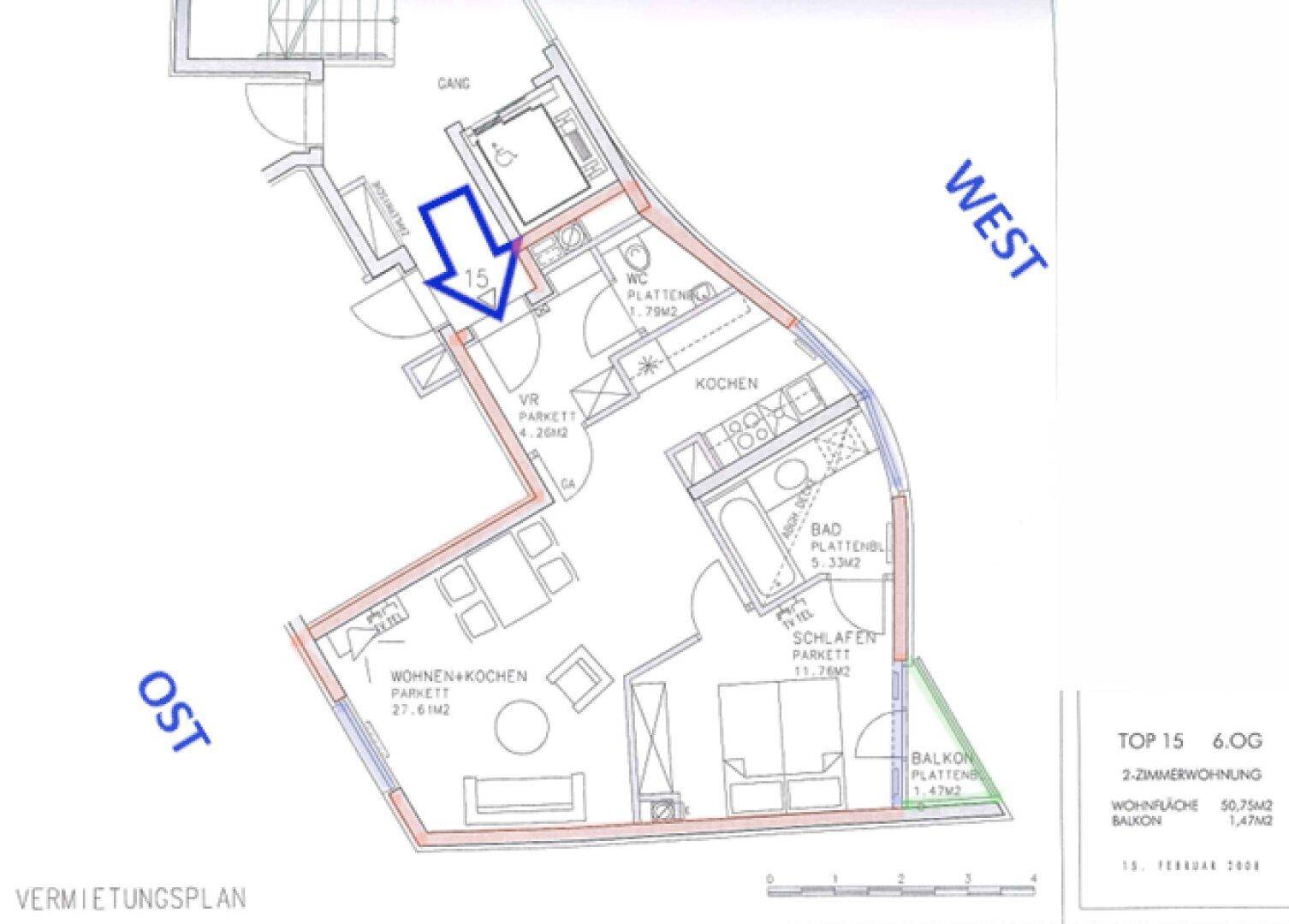 Grundriss einer 2-Zimmer-Wohnung mit offenem Wohnbereich, Balkon und separatem WC.