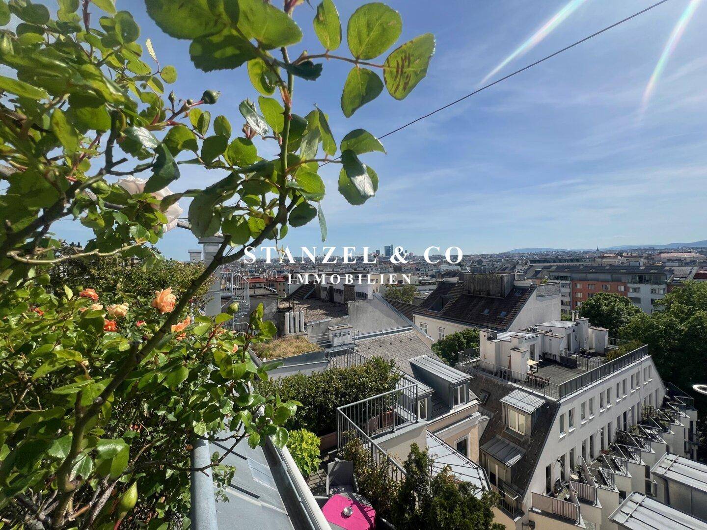 Panoramablick von der Dachterrasse über die Stadt mit grünen Dächern und blühenden Pflanzen.