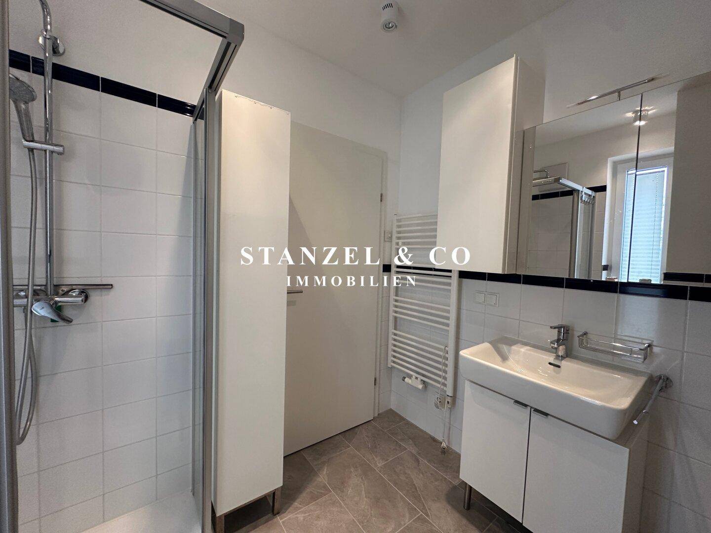 Modernes Badezimmer mit Duschkabine, Waschbecken und beheiztem Handtuchhalter.