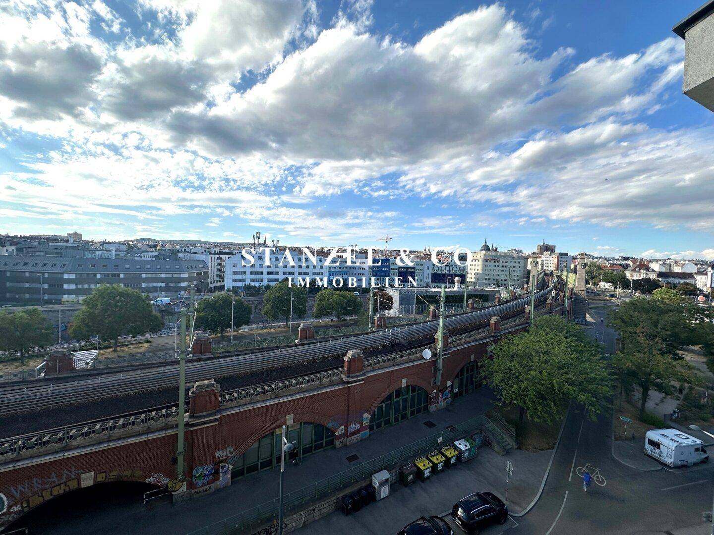 Panoramablick über die Stadt mit Bahngleisen und urbaner Bebauung unter bewölktem Himmel.