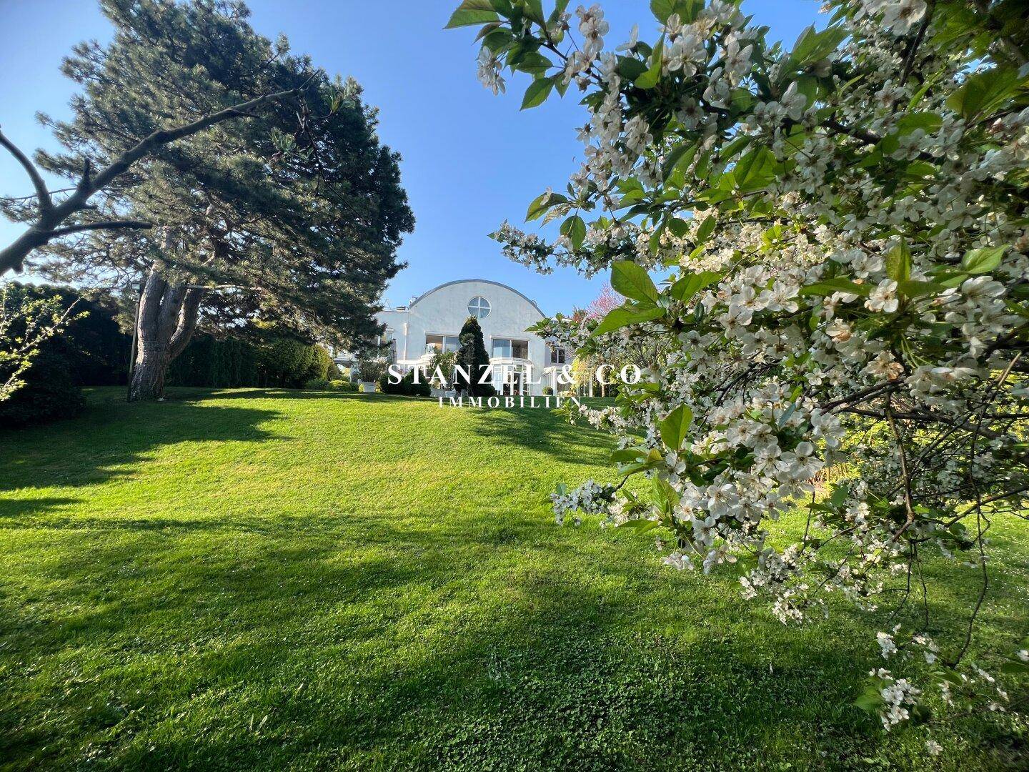 Großer Garten mit blühenden Bäumen und Blick auf die moderne Villa unter blauem Himmel.