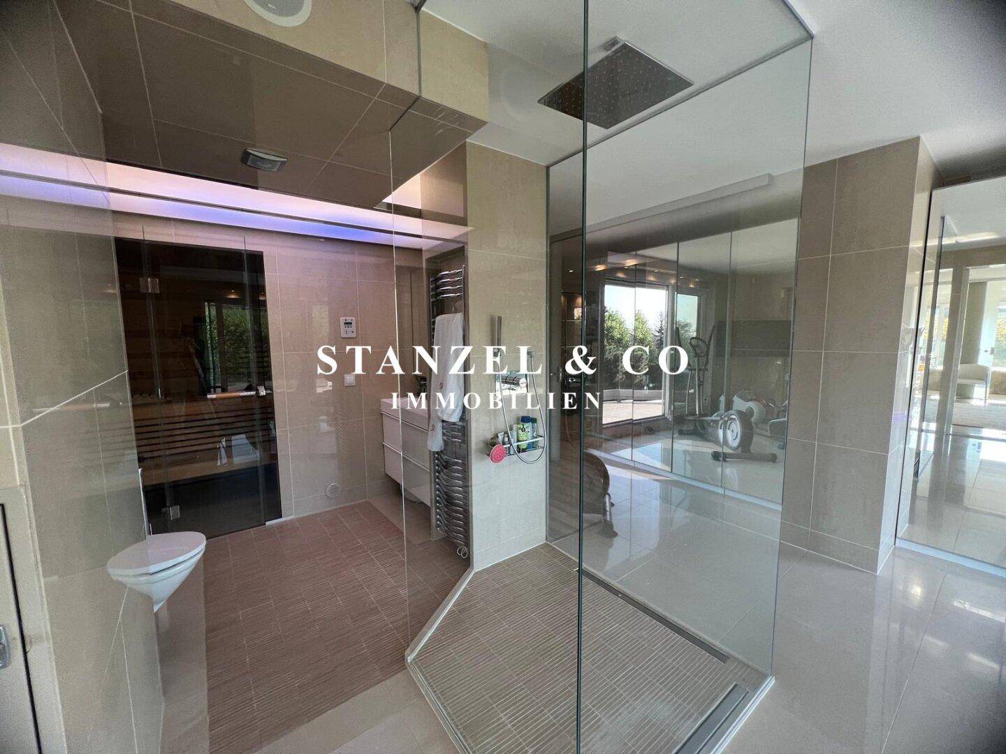 Modernes Badezimmer mit Glasdusche, Toilette, beheiztem Handtuchhalter und integrierter Sauna.