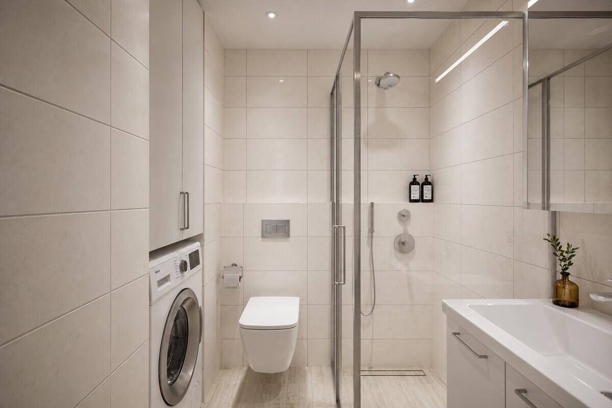 Modernes Badezimmer mit Duschkabine, wandhängendem WC und integrierter Waschmaschine.