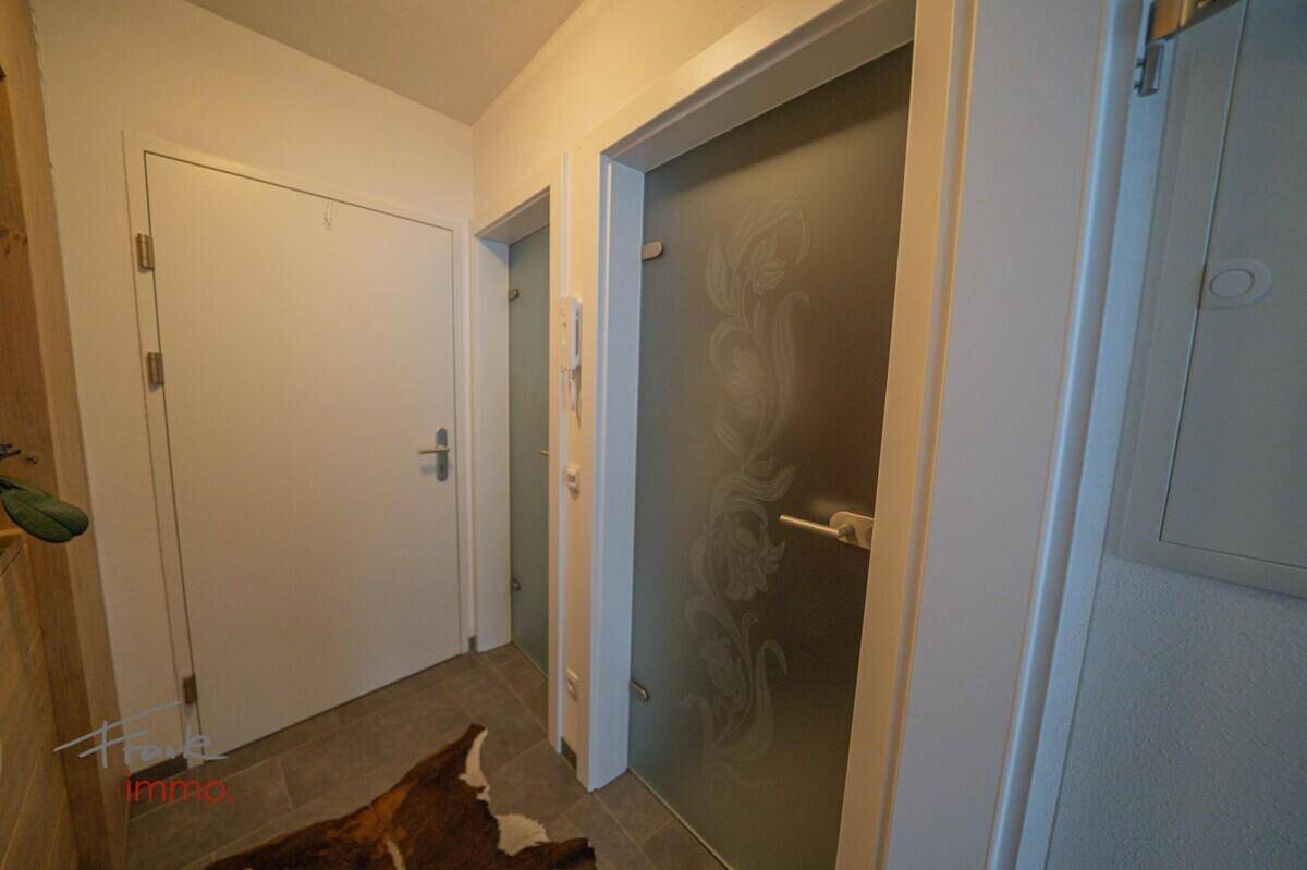 Detailansicht des Flurs mit einer modernen Glastür und einer weißen Tür.
