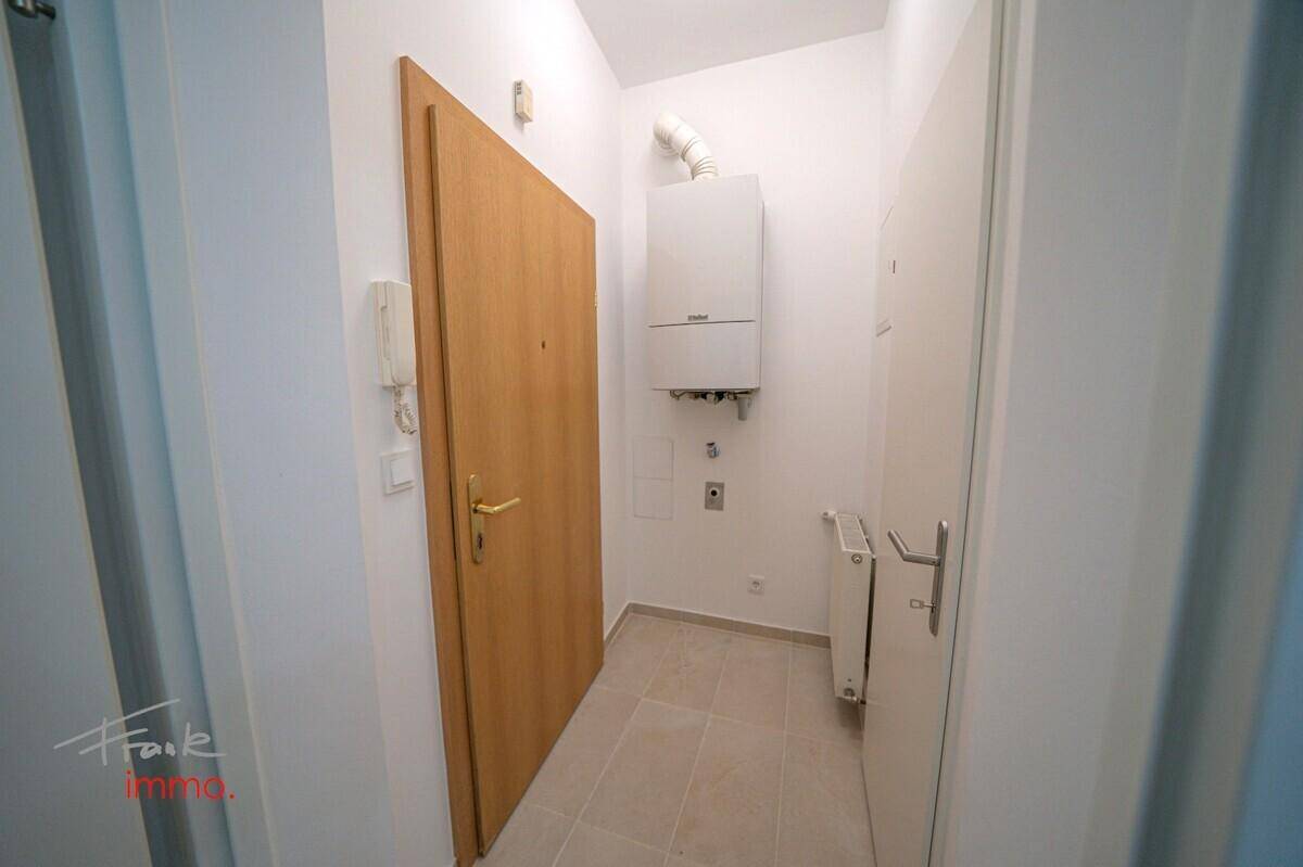 Eingangsbereich mit Holztür, Heizungsanlage und Fliesenboden.