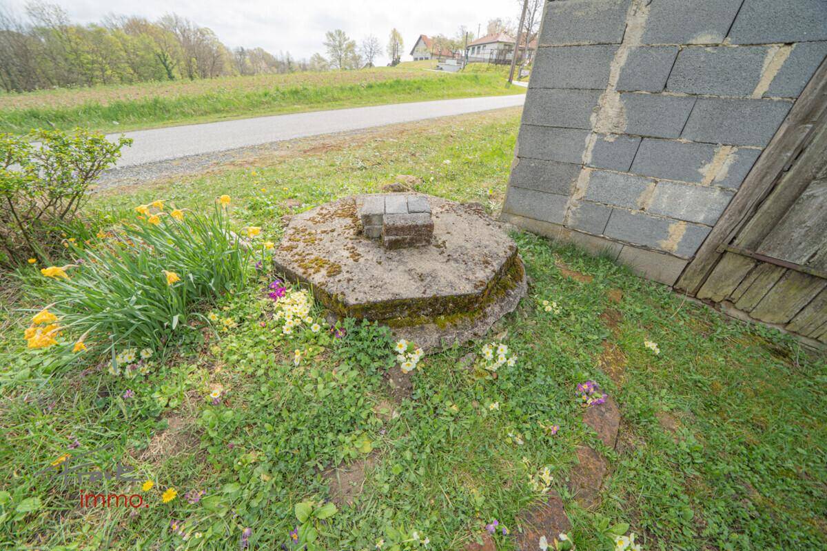 Gemauerter Brunnen im Garten, umgeben von Blumen und Gras, als dekoratives Element.