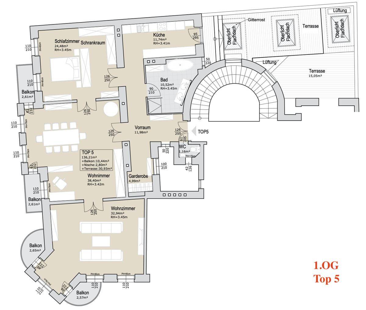 Detaillierter Grundriss der Wohnung mit mehreren Zimmern, Balkonen und einer Terrasse.
