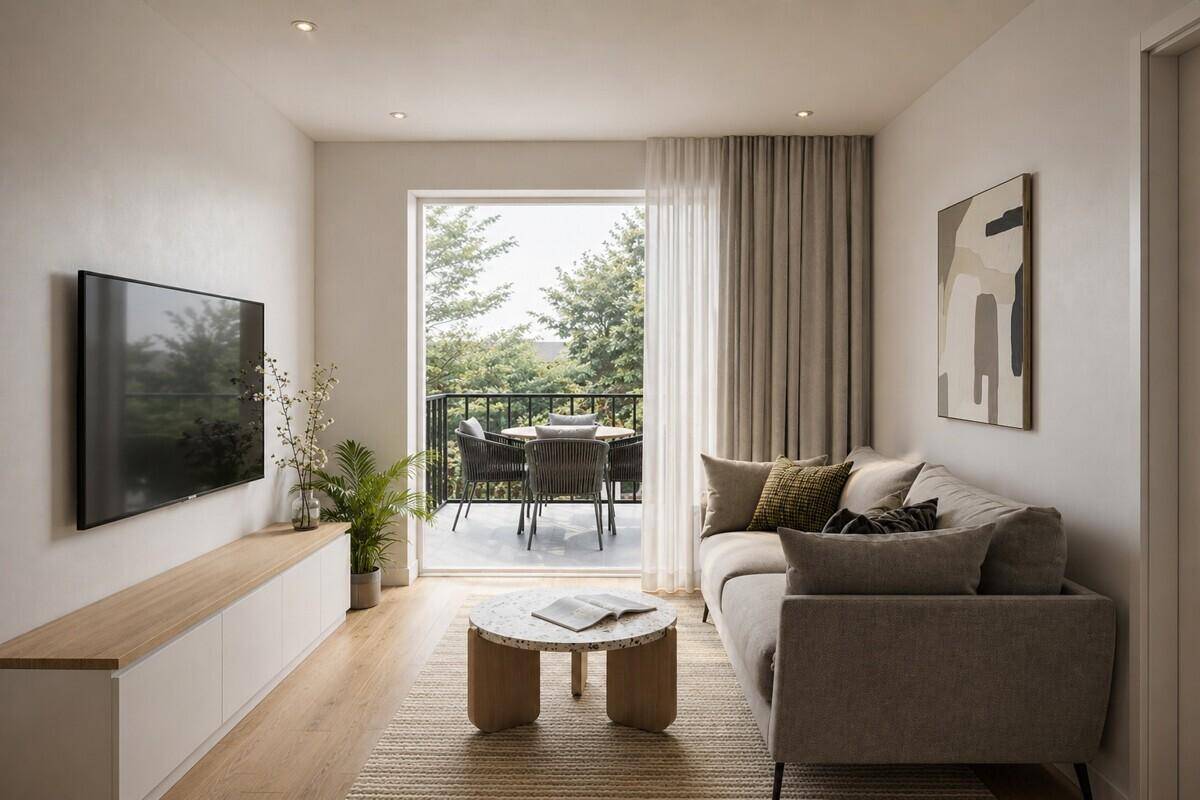 Gemütliches Wohnzimmer mit Balkonzugang, Holzboden und Blick ins Grüne, modern eingerichtet.