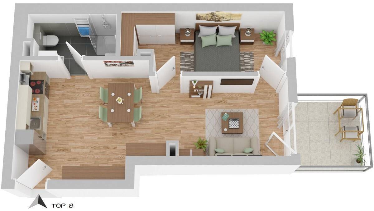 Detaillierter Grundriss einer Wohnung mit offenem Wohnbereich, Schlafzimmer und Balkon.