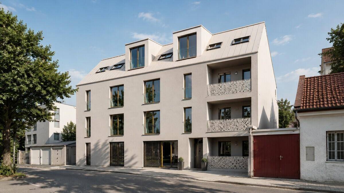 Moderne Wohnfassade mit großen Fenstern und Balkonen an einer ruhigen Straße.