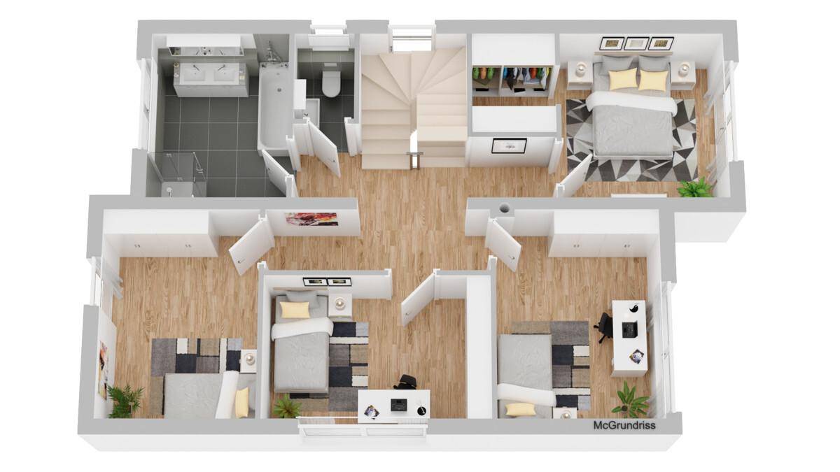 3D-Grundriss des Obergeschosses mit Schlafzimmern und Badezimmer.