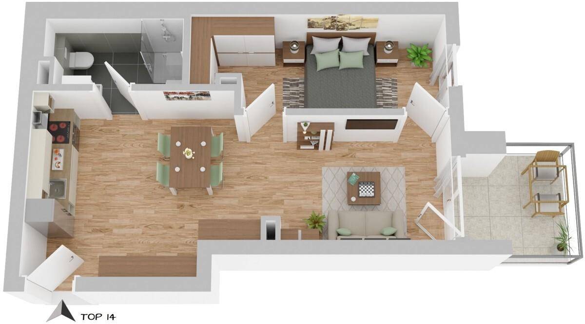 Detaillierter Grundriss einer Wohnung mit Schlafzimmer, offenem Wohnbereich und Balkon.