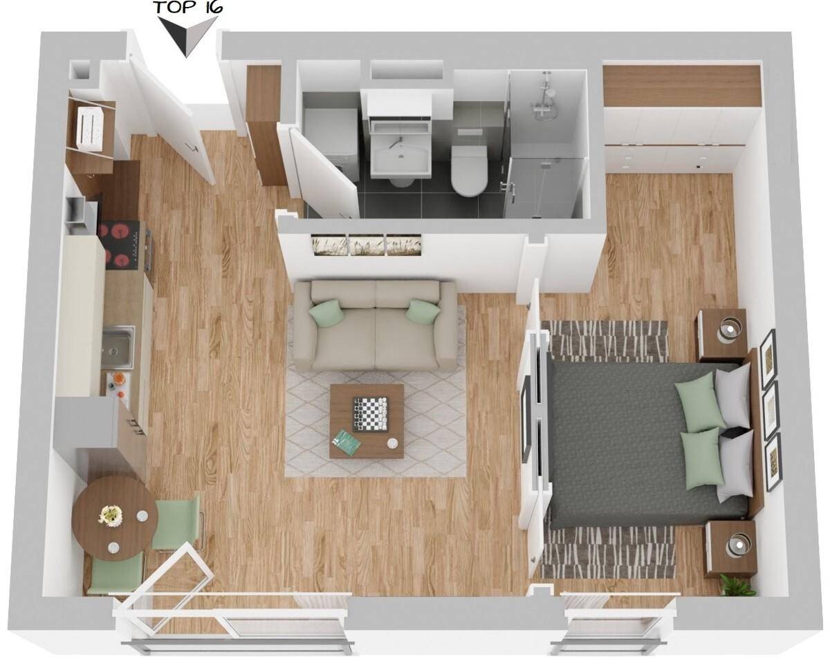 3D-Grundriss einer Wohnung mit offenem Wohnbereich, Schlafzimmer und Bad.