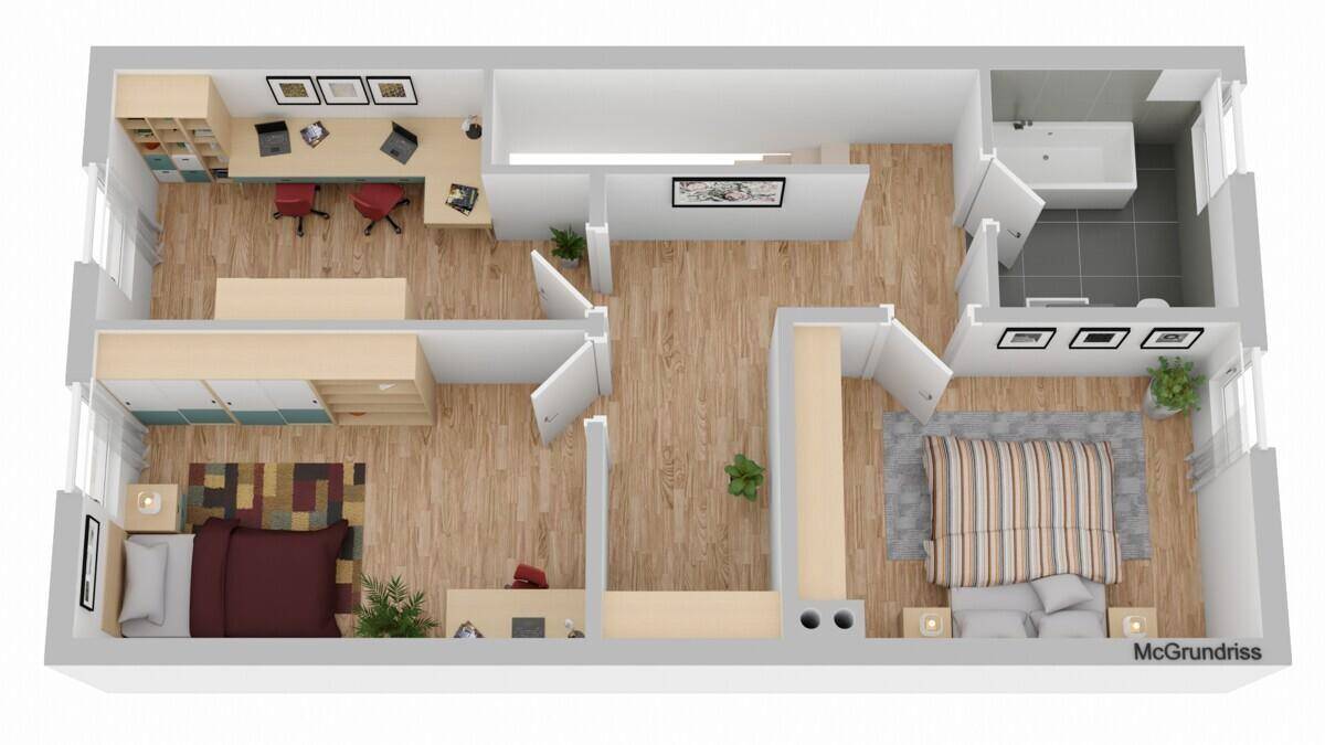 3D-Grundriss des Obergeschosses mit zwei Schlafzimmern, Büro und Badezimmer.