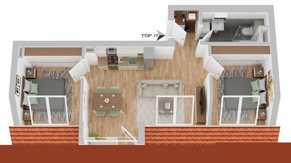 Detaillierter Grundriss einer Wohnung mit zwei Schlafzimmern, offenem Wohnbereich und Balkon.