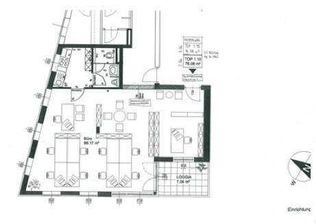 Grundriss einer Bürofläche mit mehreren Arbeitsplätzen, einem Besprechungsbereich und einer Loggia.
