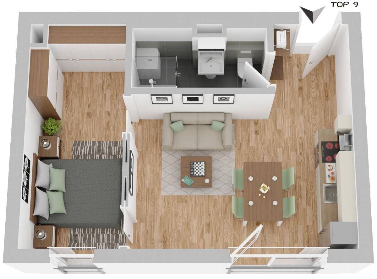 Dreidimensionaler Grundriss einer Wohnung mit Schlafzimmer, offenem Wohnbereich und Bad.