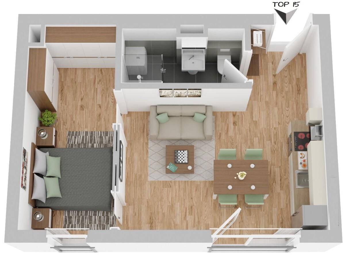 Detaillierter Grundriss einer Wohnung mit Schlafzimmer, Wohnbereich und Badezimmer.