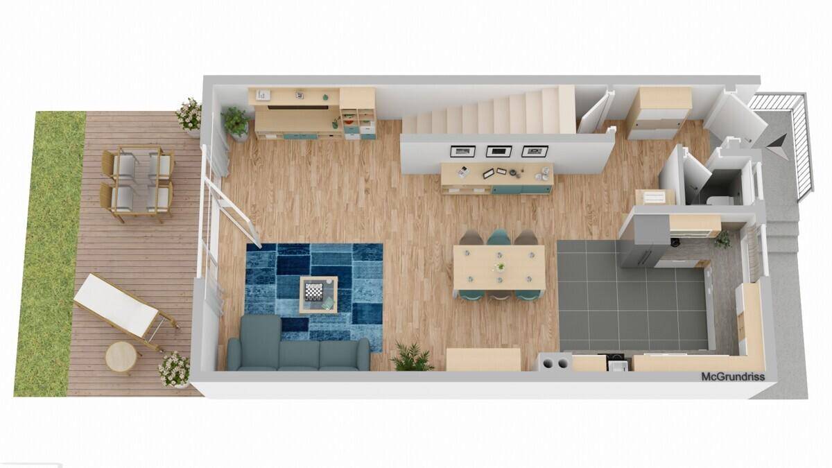 3D-Grundriss des Erdgeschosses mit offenem Wohnbereich, Essbereich und Terrasse.