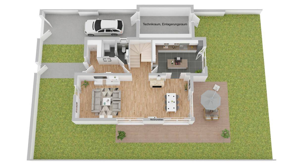 3D-Grundriss des Erdgeschosses mit Wohnbereich, Küche und Terrasse.