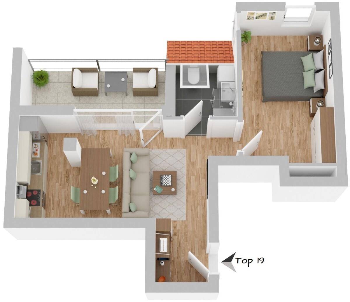 Dreidimensionaler Grundriss einer Wohnung mit offenem Wohnbereich, Schlafzimmer und Balkon.