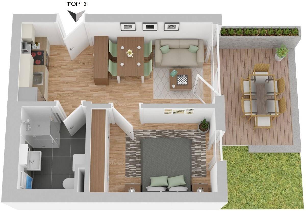 Detaillierter Grundriss einer Wohnung mit offenem Wohnbereich, Schlafzimmer und großer Terrasse.