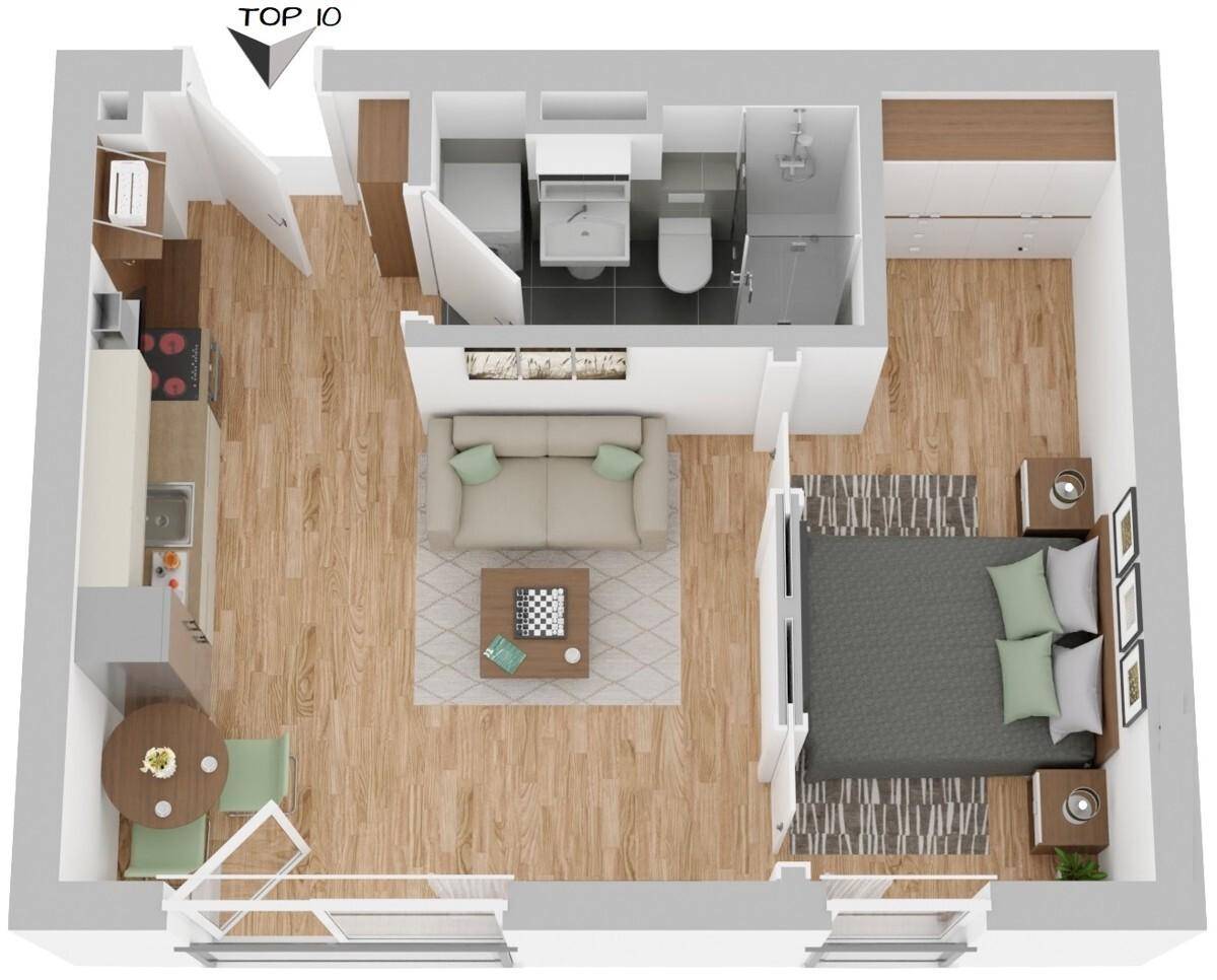 3D-Grundriss einer Wohnung mit offenem Wohnbereich, Schlafzimmer und Bad.