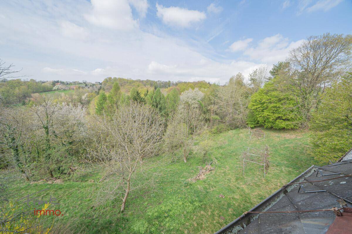 Panoramablick über die ländliche Umgebung mit Wäldern und Feldern unter blauem Himmel.